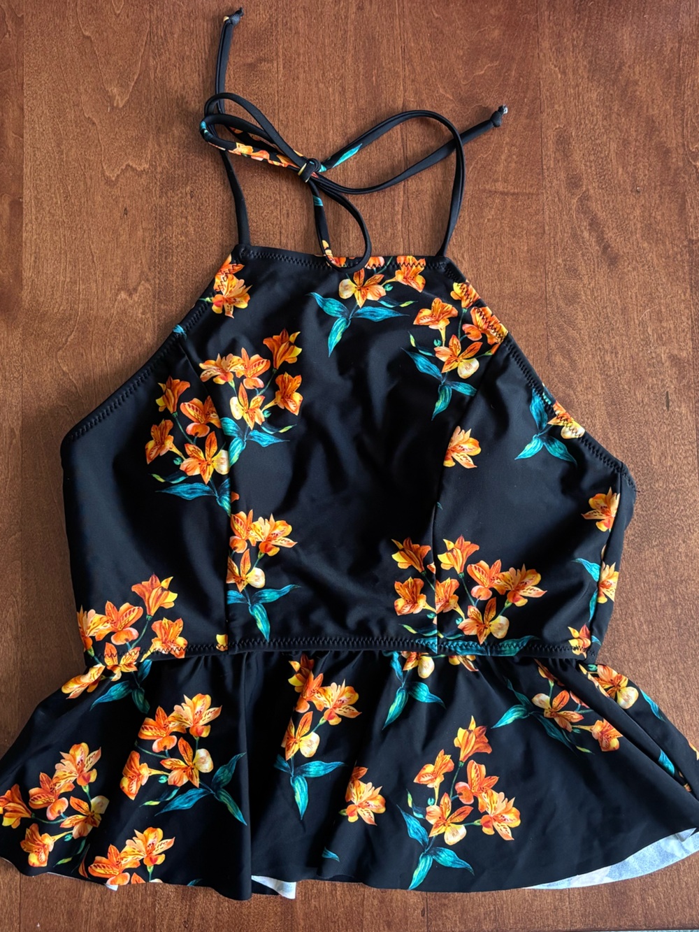 Cupshe Black Floral Tankini Top with Orange & Teal Accents